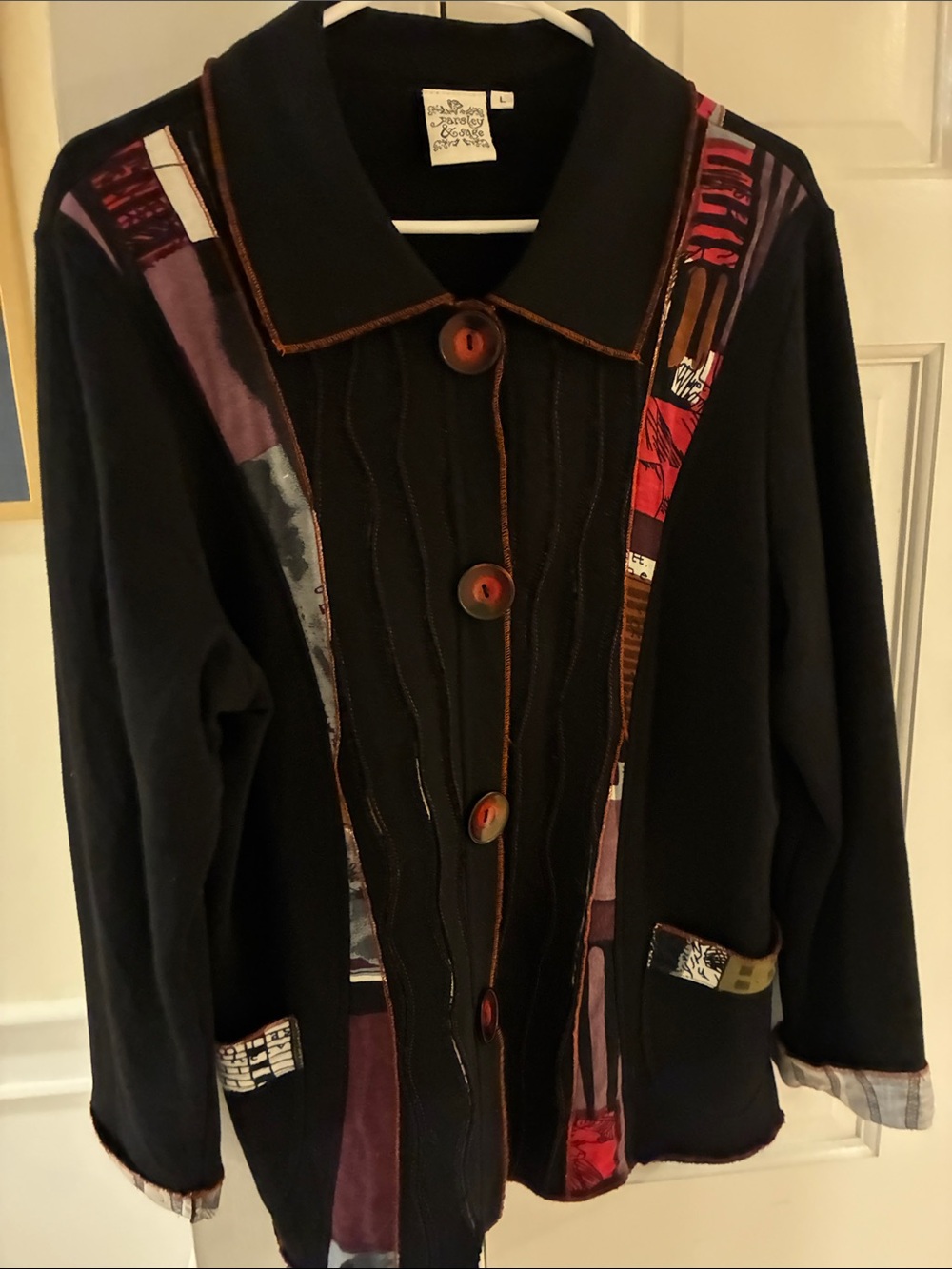 Parsley & Sage Black Jacket with Red Buttons and Multicolor Patch Panels